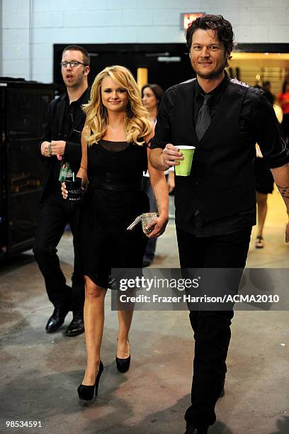 Miranda Lambert and Blake Shelton backstage at the 45th Annual Academy of Country Music Awards at the MGM Grand Garden Arena on April 18, 2010 in Las...