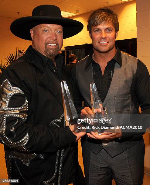 Singers Eddie Montgomery and Troy Gentry of the duo Montgomery Gentry backstage at the 45th Annual Academy of Country Music Awards at the MGM Grand...