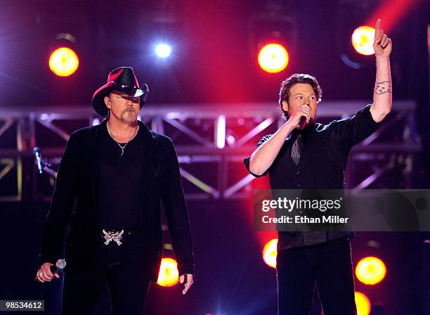 Musicians Trace Adkins and Blake Shelton perform onstage during the 45th Annual Academy of Country Music Awards at the MGM Grand Garden Arena on...