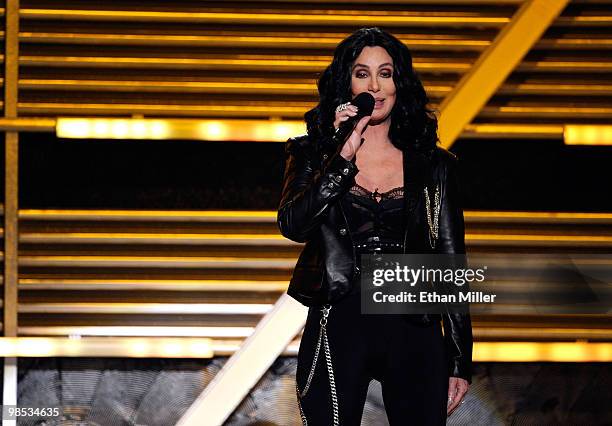 Singer Cher speaks onstage during the 45th Annual Academy of Country Music Awards at the MGM Grand Garden Arena on April 18, 2010 in Las Vegas,...