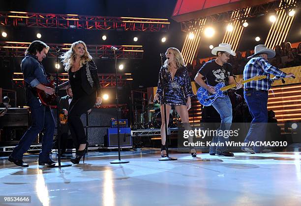 Musician John Fogerty, singers Miranda Lambert, Carrie Underwood, musicians Brad Paisley, and Charlie Daniels perform onstage during the 45th Annual...