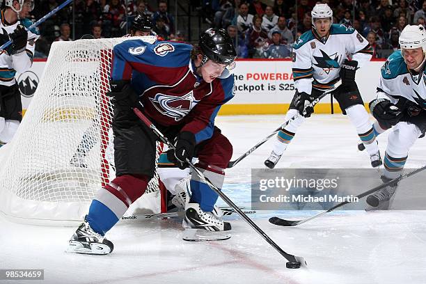 Matt Duchene of the Colorado Avalanche skates around the net against the San Jose Sharks in Game Three of the Western Conference Quarterfinals during...