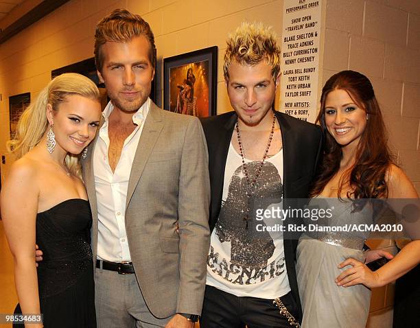 Musicians Cheyenne Kimball,Tom Gossin, Mike Gossin and Rachel Reinert of the band Gloriana backstage at the 45th Annual Academy of Country Music...