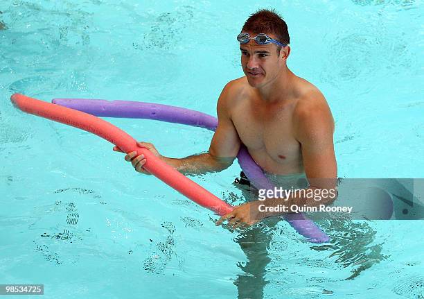 Brad Green of the Demons relaxes in the hydrobath pool during a Melbourne Demons AFL recovery session at the Melbourne Sports and Aquatics Centre on...