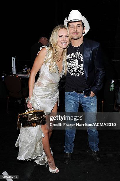 Laura Bell Bundy and Brad Paisley backstage at the 45th Annual Academy of Country Music Awards at the MGM Grand Garden Arena on April 18, 2010 in Las...