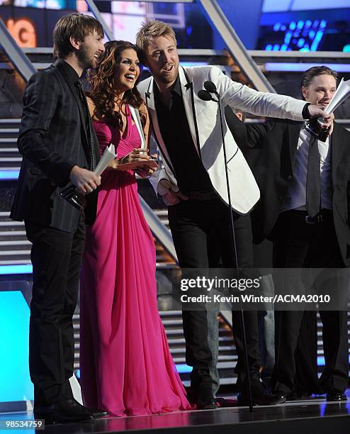 Musician Dave Haywood, singers Hillary Scott, Charles Kelley, and writer Josh Kear accepts the Song Of The Year award onstage during the 45th Annual...