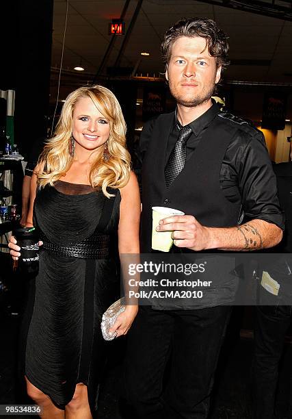Miranda Lambert and Blake Shelton pose backstage at the 45th Annual Academy of Country Music Awards at the MGM Grand Garden Arena on April 18, 2010...