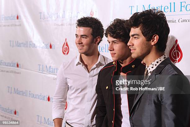 Kevin Jonas, Nick Jonas and Joe Jonas attend the 11th Annual T.J. Martell Foundation Family Day benefit at Roseland Ballroom on April 18, 2010 in New...