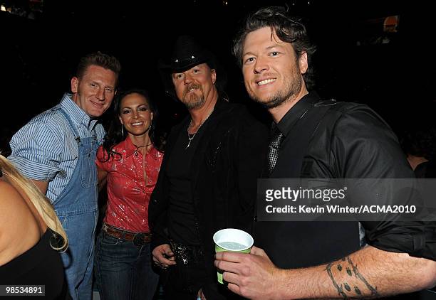 Musicians Rory Feek and Joey Martin of the band Rory + Joey, Trace Adkins and Blake Shelton during the 45th Annual Academy of Country Music Awards at...