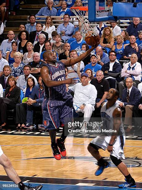 Raymond Felton of the Charlotte Bobcats shoots a layup against the Orlando Magic in Game One of the Eastern Conference Quarterfinals during the 2010...