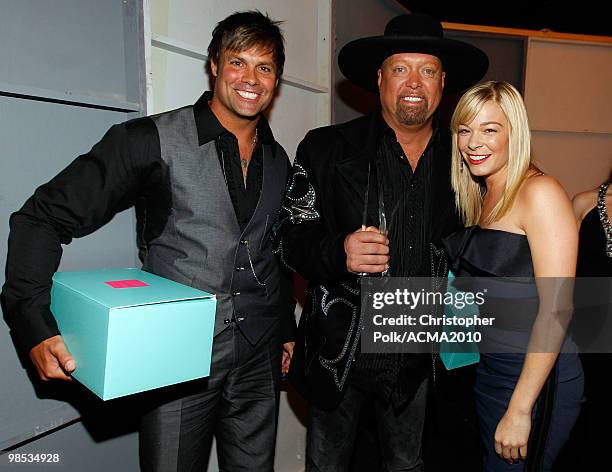 Musicians Troy Gentry, Eddie Montgomery and LeAnn Rimes backstage at the 45th Annual Academy of Country Music Awards at the MGM Grand Garden Arena on...