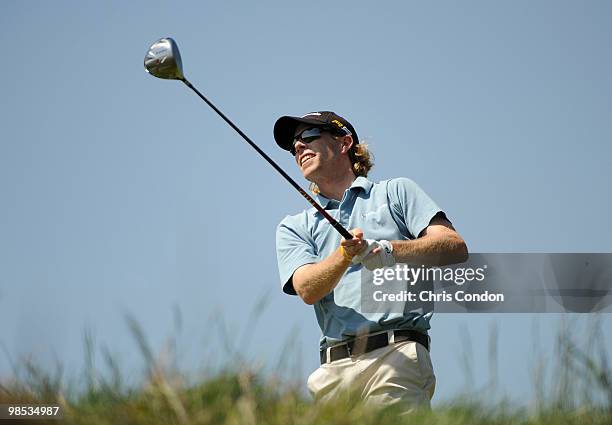 David Hearn of Canada tees off on during the final round of the Fresh Express Classic at TPC Stonebrae on April 18, 2010 in Hayward, California.