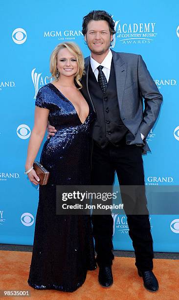 Singer Miranda Lambert and singer Blake Shelton arrive at the 45th Annual Academy Of Country Music Awards at the MGM Grand Garden Arena on April 18,...