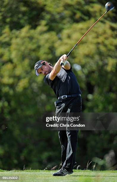 Mark Hensby of Australia tees off on during the final round of the Fresh Express Classic at TPC Stonebrae on April 18, 2010 in Hayward, California.