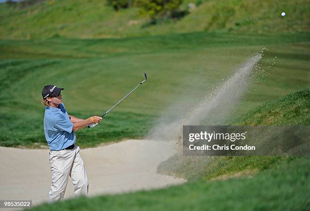 David Hearn of Canada hits from a bunker on during the final round of the Fresh Express Classic at TPC Stonebrae on April 18, 2010 in Hayward,...