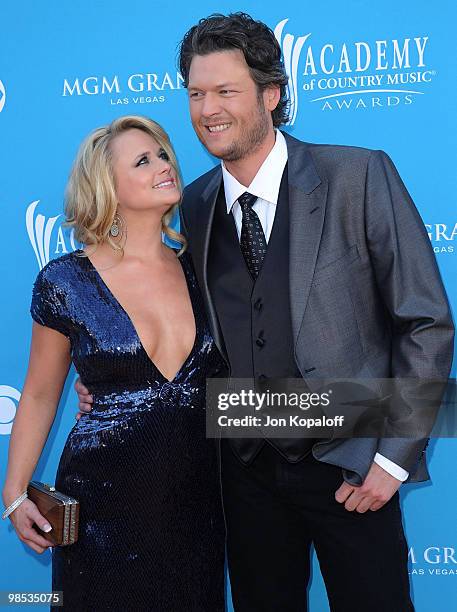 Singer Miranda Lambert and singer Blake Shelton arrive at the 45th Annual Academy Of Country Music Awards at the MGM Grand Garden Arena on April 18,...