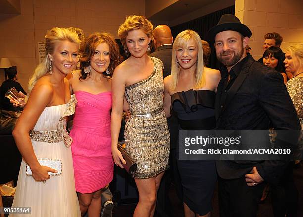 Singers Julianne Hough and Sarah Buxton with musicians Jennifer Nettles, LeAnn Rimes and Kristian Bush backstage at the 45th Annual Academy of...