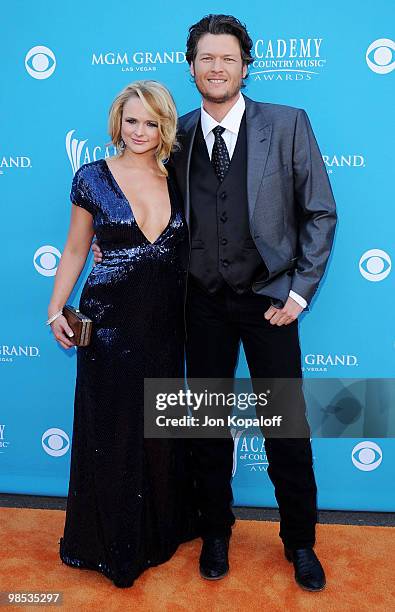 Singer Miranda Lambert and singer Blake Shelton arrive at the 45th Annual Academy Of Country Music Awards at the MGM Grand Garden Arena on April 18,...