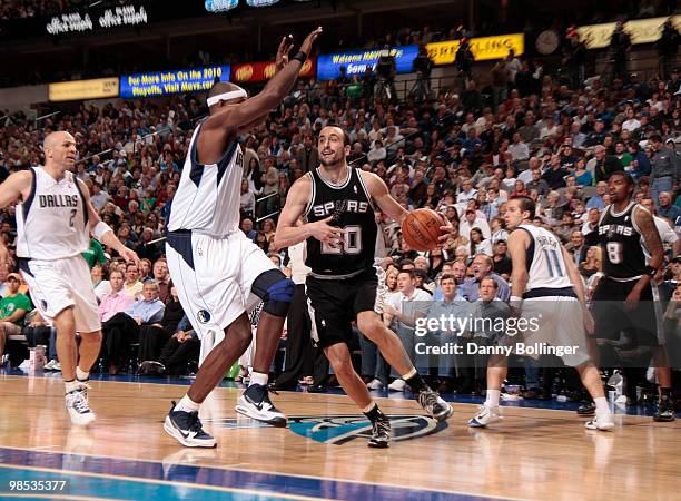 Manu Ginobili of the San Antonio Spurs drives against Brendan Haywood of the Dallas Mavericks in Game One of the Western Conference Quarterfinals...