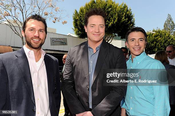 Participant's Jonathan King, actor Brendan Fraser and Participant's Ricky Strauss arrive at the premiere of Summit Entertainment and Participant...