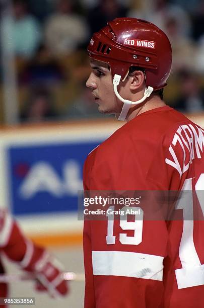 Steve Yzerman of the Detroit Red Wings skates against the Toronto Maple Leafs during NHL game action October 28 at Maple Leaf Gardens in Toronto,...