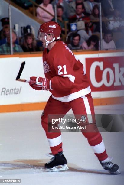 Borje Salming of the Detroit Red Wings skates against the Toronto Maple Leafs during NHL game action October 28 at Maple Leaf Gardens in Toronto,...