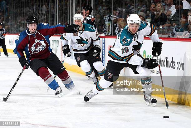 Devin Setoguchi of the San Jose Sharks skates by Matt Duchene of the Colorado Avalanche in game Three of the Western Conference Quarterfinals during...