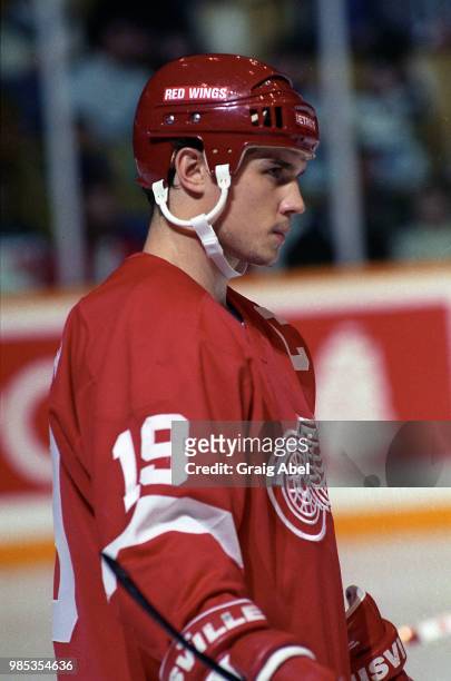 Steve Yzerman of the Detroit Red Wings skates against the Toronto Maple Leafs during NHL game action October 28 at Maple Leaf Gardens in Toronto,...