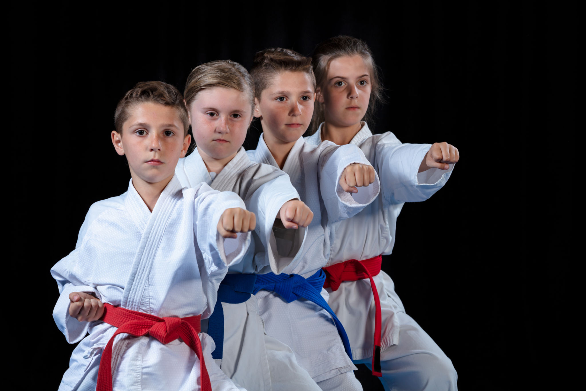 young, beautiful, successful multi ethical karate kids in karate position. young, beautiful, successful multi ethical karate kids in karate position.