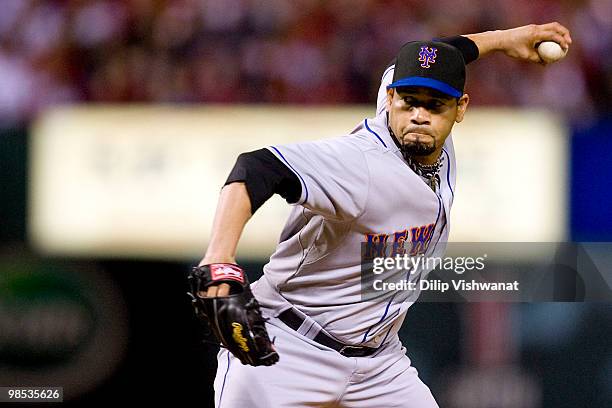 Relief pitcher Pedro Feliciano of the New York Mets throws against the St. Louis Cardinals at Busch Stadium on April 18, 2010 in St. Louis, Missouri.