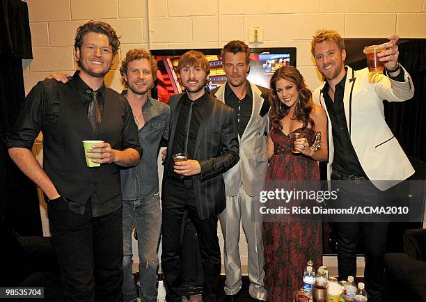 Musicians Blake Shelton, Dierks Bentley, Dave Haywood, actor Josh Duhamel, Hillary Scott and Charles Kelley backstage at the 45th Annual Academy of...