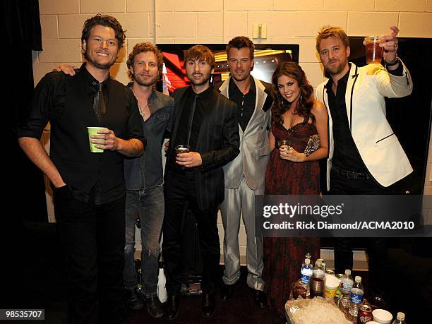 Musicians Blake Shelton, Dierks Bentley, Dave Haywood, actor Josh Duhamel, Hillary Scott and Charles Kelley backstage at the 45th Annual Academy of...