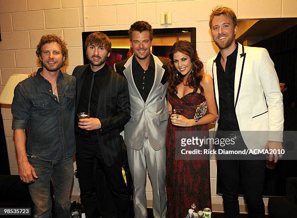 Musicians Dierks Bentley, Dave Haywood, actor Josh Duhamel, Hillary Scott and Charles Kelley backstage at the 45th Annual Academy of Country Music...