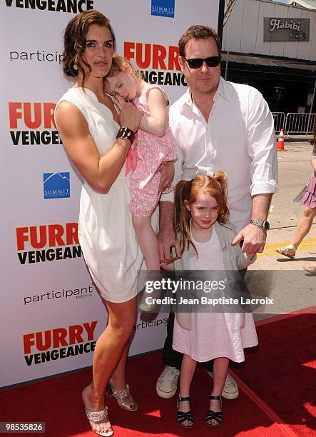 Brooke Shields, Grier Hammond Henchy, Rowan Francis Henchy and Chris Henchy arrive at the "Furry Vengeance" premiere at Mann Bruin Theatre on April...