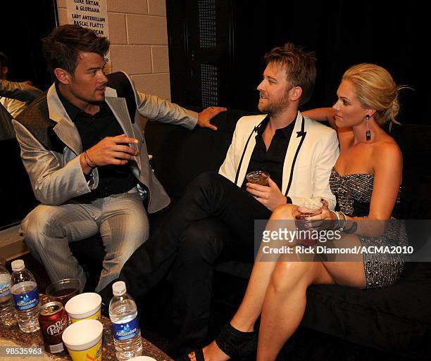 Actor Josh Duhamel, musician Charles Kelley and wife Cassie McConnell backstage at the 45th Annual Academy of Country Music Awards at the MGM Grand...