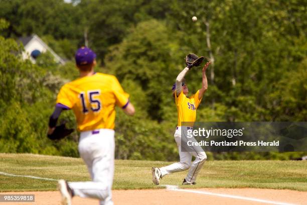 Cheverus' Andrew DeGeorge catches the ball for the out during the game against Falmouth in Portland on Saturday, June 9, 2018. Cheverus won 5-4.