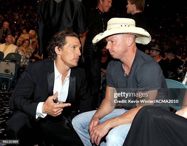 Actor Matthew McConaughey and musician Kenny Chesney in the audience during the 45th Annual Academy of Country Music Awards at the MGM Grand Garden...