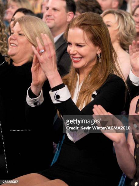 Actress Nicole Kidman poses in the audience during the 45th Annual Academy of Country Music Awards at the MGM Grand Garden Arena on April 18, 2010 in...
