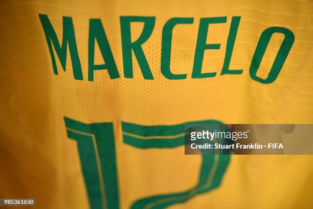 Marcelo shirt hangs inside the Brazil dressing room prior to the 2018 FIFA World Cup Russia group E match between Serbia and Brazil at Spartak...