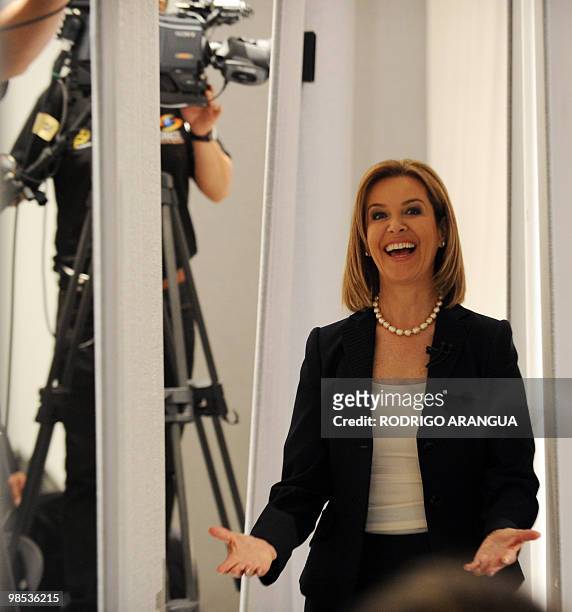 Presidential candidate Noemi Sanin of the Conservative Party reacts backstage prior to appearing in a televised debate on April 18, 2010 in Bogota....