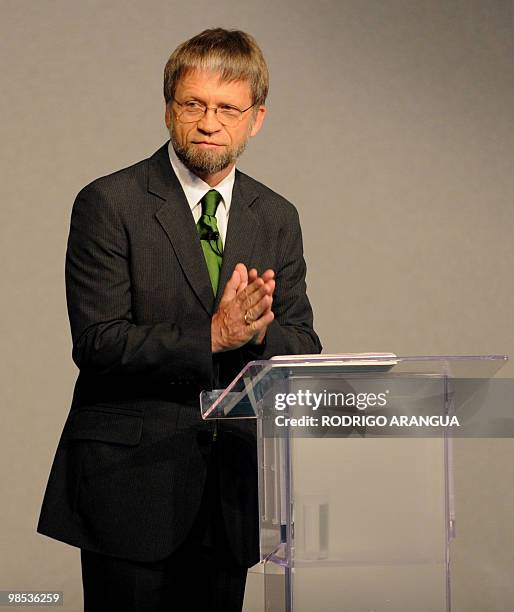 Presidential candidate Antanas Mockus for the Partido Verde listens during a televised debate on April 18, 2010 in Bogota. Colombia will hold the...