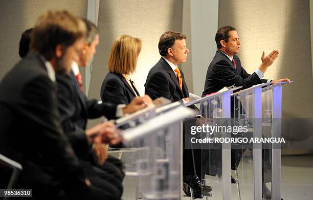 Presidential candidates participate in a televised debate on April 18, 2010 in Bogota. Colombia will hold the first round of its presidential...