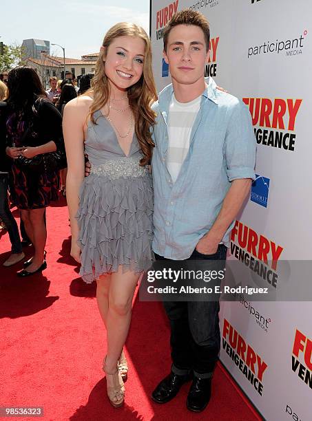 Actress Skyler Samuels and actor Colton Haynes arrive at the premiere of Summit Entertainment and Participant Media's "Furry Vengeance" at the Bruin...