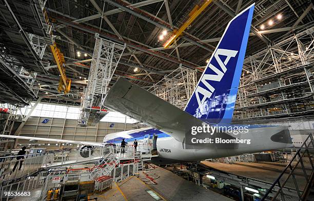 Newly delivered Boeing 777-300ER passenger jet for All Nippon Airways Co. Sits in the company's hanger at Narita Airport in Chiba Prefecture, a...