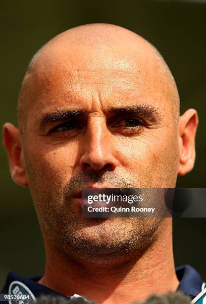 Kevin Muscat of the Victory speaks at a Melbourne Victory Press Conference at AAMI Park on April 19, 2010 in Melbourne, Australia. AAMI Park will...