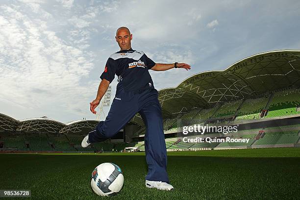 Kevin Muscat of the Victory kicks the ball at a Melbourne Victory Press Conference at AAMI Park on April 19, 2010 in Melbourne, Australia. AAMI Park...