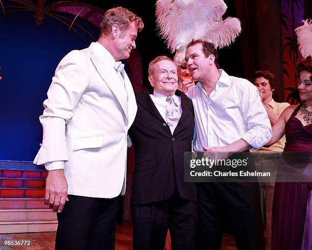 Actor Kelsey Grammer, composer Jerry Herman and actor Douglas Hodges perform in the opening of "La Cage Aux Folles" on Broadway at the Longacre...
