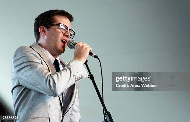 Musician Andrew Mayer Cohen of the music group Mayer Hawthorne performs during day three of the Coachella Valley Music & Arts Festival 2010 held at...