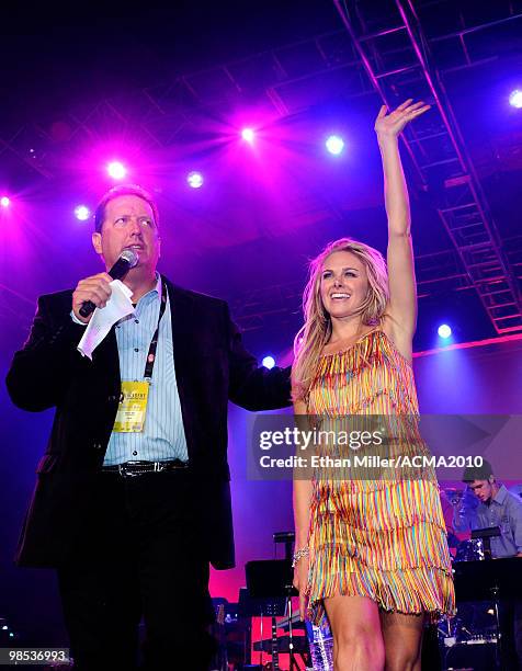 Radio personality Shawn Parr and singer Laura Bell Bundy onstage at the 45th Annual Academy of Country Music Awards All Star Jam at the MGM Grand...