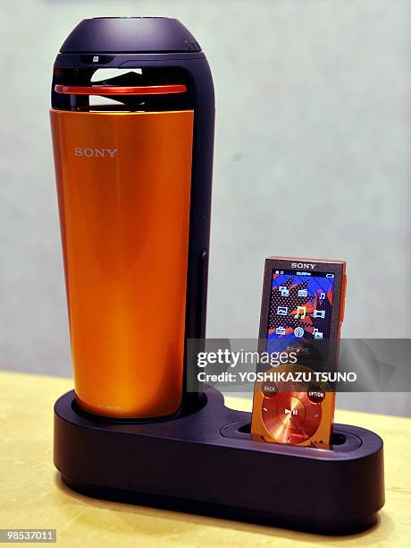 Japan's electronics giant Sony displays the new unique speaker system "RDP-NWV500" for the company's digital audio player Walkman at the company's...